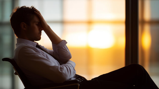 Tired businessman slouching in mental burnout and workplace stress silhouette, exhausted professional outline, corporate fatigue representation, overworked executive shadow, faceless stressed