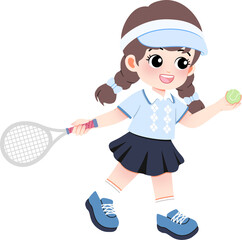 Young girl playing tennis with racket and ball o