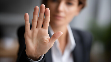 Stop hand sign woman in business suit with no gesture, sexual harassment and violence prevention in office workplace, defensive stance display, faceless professional, defocused background, with