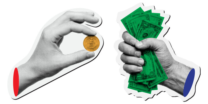 Set of halftone sticker icons of hands holding a gold coin and a bundle of cash, retro stippled style illustrations, isolated