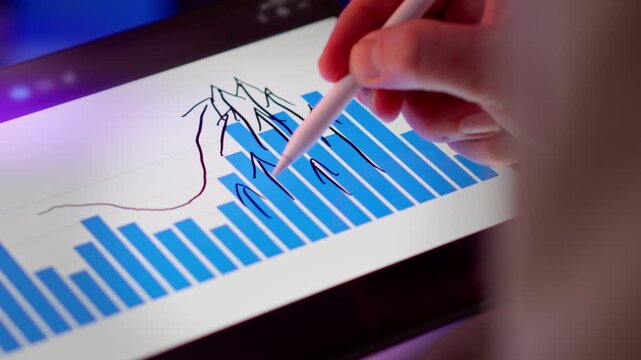 Tablet stylus bar chart growth arrows analysis closeup. Blue histogram columns multiple upward arrows profit increase revenue improvement financial forecast performance metrics data visualization