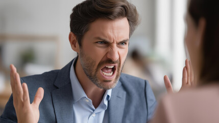 Naklejka premium Intense boardroom drama with enraged executive aggressively confronting colleague, conflict leadership and accountability concepts vividly portrayed, faceless confrontation, defocused meeting
