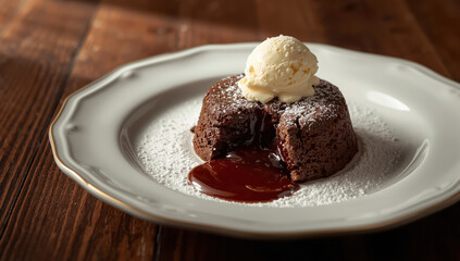 Decadent chocolate lava cake with melting vanilla ice cream and powdered sugar