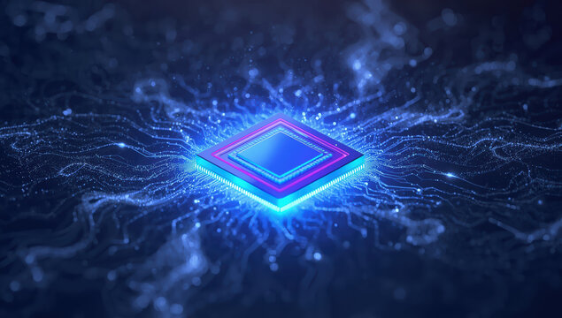 Glowing quantum processor pulsing with blue circuits and data flow, futuristic energy hum