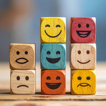 Wooden blocks with various emotions for customer feedback concept