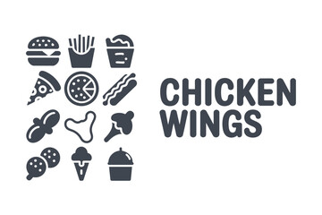 Chicken wings icon set with various food illustrations