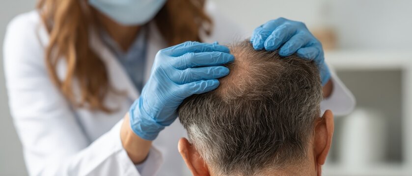 Trichologist examining patient scalp before hair transplant surgery. Doctor hands in blue gloves checking mature man with alopecia for hair implantation treatment