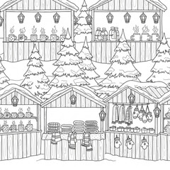 Obraz premium A black and white vector illustration of a winter market scene with wooden stalls, snow-covered pine trees, and various festive goods on display