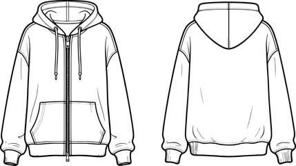 Black and white fashion technical sketch of a blank oversized zip up hoodie featuring front and back views with kangaroo pockets and ribbing. © MstMerezan