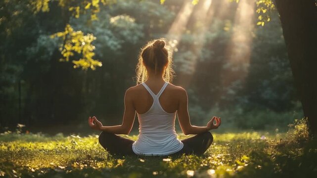 Young Woman Meditating in Forest with Sun Rays Light
Mindfulness and Inner Peace Nature Environment Scene
Calm Spiritual Wellness Concept 4K HD Video