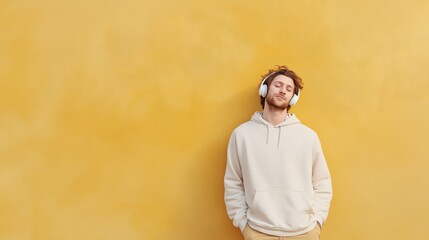 Generative AI, Young adult enjoying music with headphones against solid color wall