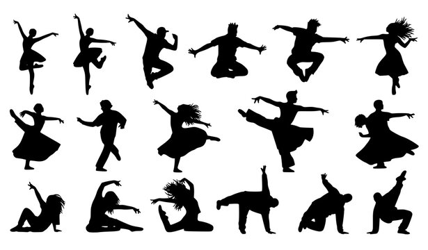 A set of black silhouettes of people dancing in various poses