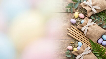 Decorative Easter arrangement with pastel eggs and burlap pouches  