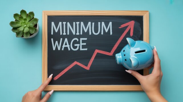 Minimum wage increase concept with blue piggy bank and red rising arrow on blackboard over blue background