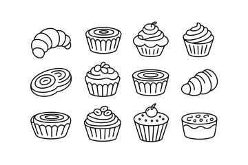Bakery icon set featuring various sweet treats and pastries illustration