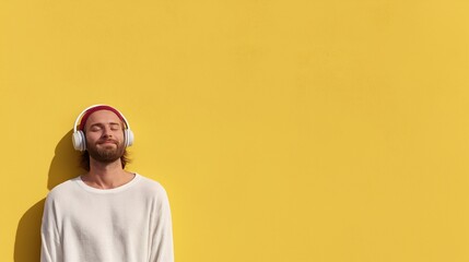 Generative AI, Young adult enjoying music with headphones against solid color wall