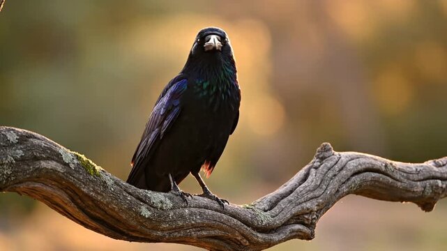 A vigilant black bird with glossy, iridescent feathers perches intently on a gnarled, weathered tree branch, surveying its natural habitat in the soft, warm light of a tranquil forest setting