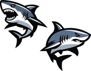 Naklejka premium This artwork showcases two dynamic shark illustrations, each with a fierce expression and streamlined body. Their aggressive stance and sharp features render them ideal for a sports logo or branding p