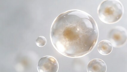 Fototapeta premium Microscopic Translucent Spherical Cell Structure, White-Gold Gradient Elastic Membrane, Shiny Particles, Luxurious Technological Feel, Redshift Render, Soft Gray Background