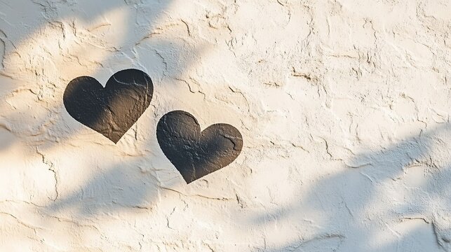 Two overlapping heart shadows on textured white wall, soft afternoon light, minimalist, lower hearts, empty upper space, poetic White Day concept of unspoken feelings