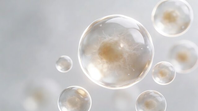 Microscopic Translucent Spherical Cell Structure, White-Gold Gradient Elastic Membrane, Shiny Particles, Luxurious Technological Feel, Redshift Render, Soft Gray Background