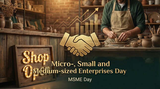 Man in apron working at a wooden workshop counter on micro small and medium sized enterprises day