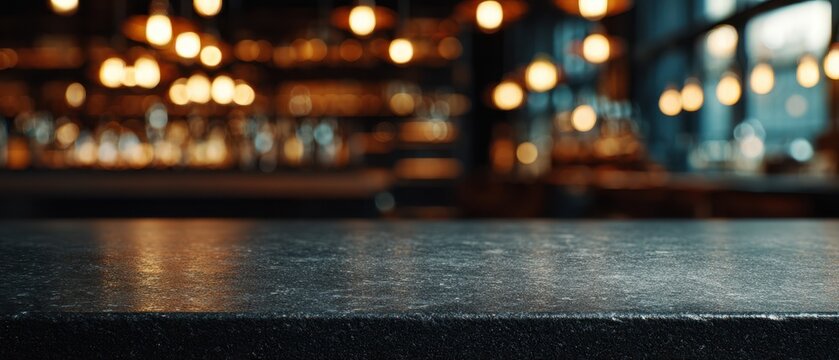 Balc&atilde;o de pedra preta vazio com fundo de bar e restaurante desfocado com luzes bokeh quentes para exibi&ccedil;&atilde;o de produtos e bebidas.
