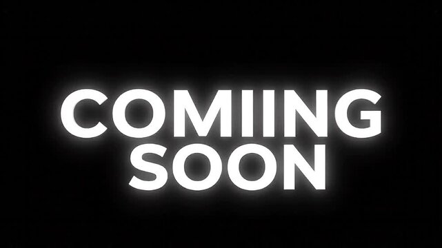 Animated 'COMING SOON' message featuring glitch, bright glow, and cinematic zoom effects on a dark background.