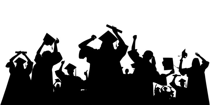 Graduating students celebrating success throwing graduation caps. Crowd of silhouettes. Vector illustration.