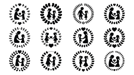 Mother's day wreath silhouette logo pack with loving family icons and heart designs for greeting cards and decorations © Pronab