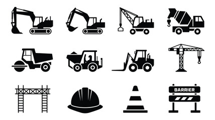 Construction icons set including excavator crane dump truck and safety gear on white background for labor day or industry theme © Pronab