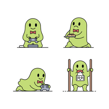 Cartoon ghost character exercising and working out with dumbbells and parallel bars in a simple style