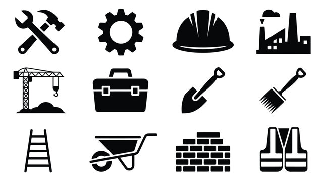 Black construction icons set including tools and equipment for labor day featuring a hard hat wheelbarrow and safety gear on a white background with a modern minimal design
