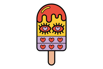 A colorful cartoon popsicle with hearts and eyes illustration