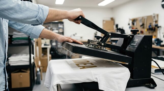 Person using heat press machine in a workshop or studio