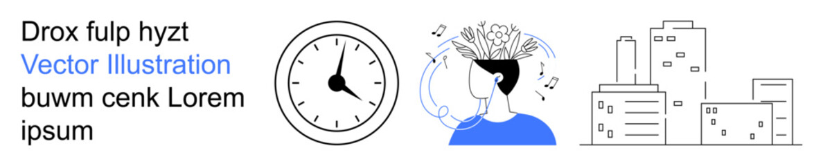 Productivity, creativity, organization, workplace, ideas, urban planning. Includes a clock, a person brainstorming and a city skyline. Productivity and creativity concept © robu_s