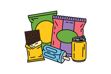A colorful illustration of various sweet snacks and treats for kids