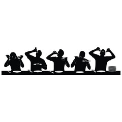 Obraz premium Silhouettes of people eating spaghetti in a row