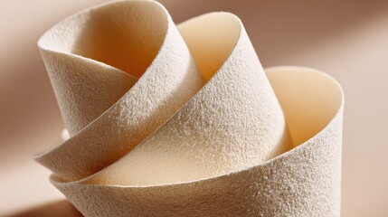 Abstract Beige Paper Swirls in a Stack on a Beige Background with Soft Lighting and Granular Texture Close Up Shot
