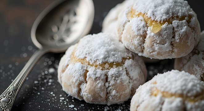 Macro photography of a selection of Eid treats: Putri Salju cookies coated in thick powdered sugar, looking like snow