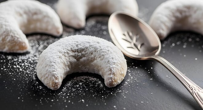 Macro photography of a selection of Eid treats: Putri Salju cookies coated in thick powdered sugar, looking like snow