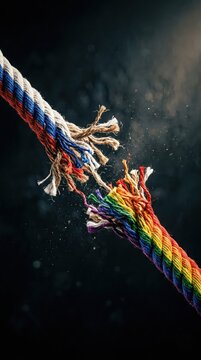 Conceptual image of a snapping rainbow rope as a metaphor for LGBTQ+ rights and social tension