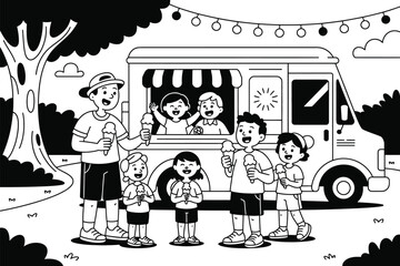Ice cream truck illustration with happy family enjoying treats outdoors