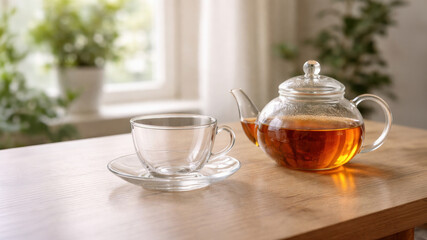 Fototapeta premium Glass teapot with hot amber tea and empty cup on wooden table in bright home interior with sunlight and green plants creating cozy mood