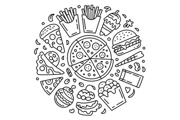 A food icon set featuring various fast food items in a circular illustration
