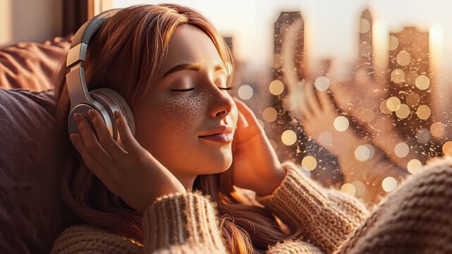 Relaxed young woman listening to music on headphones by the window.