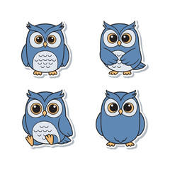 Obraz premium Cartoon blue owls set with different poses on white background