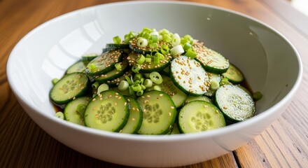 A fresh cucumber salad in a white bowl. The salad features sliced cucumbers, green onions, and sesame seeds. It represents a popular TikTok food trend.
