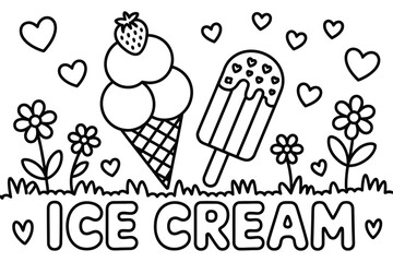 Ice cream illustration with a strawberry cone and popsicle in a garden