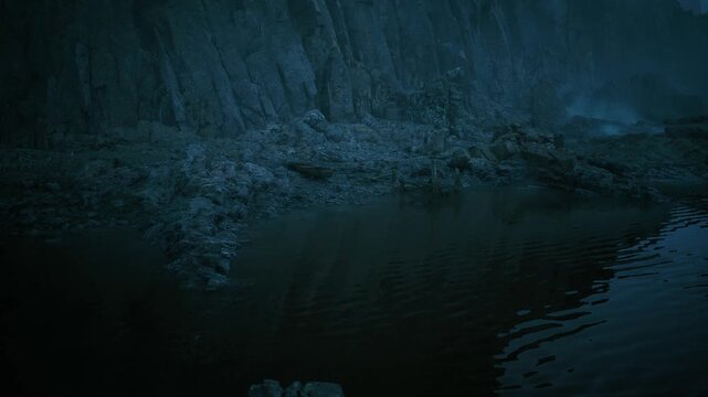 dark tidal pool beneath basalt cliff at night, still water reflecting jagged rock and faint moonlight pebbled shore, subtle ripples, cold blue tones, mist